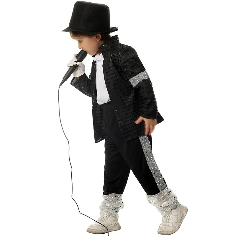 Ragazzo Michael Jackson Billie Jean Cosplay Abito nero Danza Discoteca Halloween Fancy Dress Up Costume pop King anni '80 per bambini