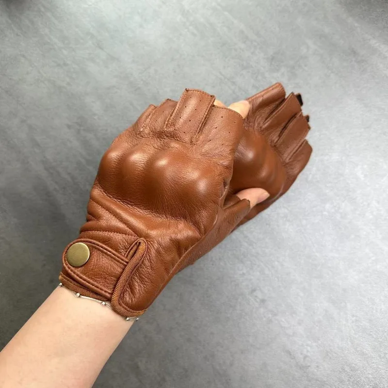 Summer Motorcycle Gloves Breathable Half Finger Gloves Genuine Leather Retro Durable Bike Fingerless Gloves for Men Women