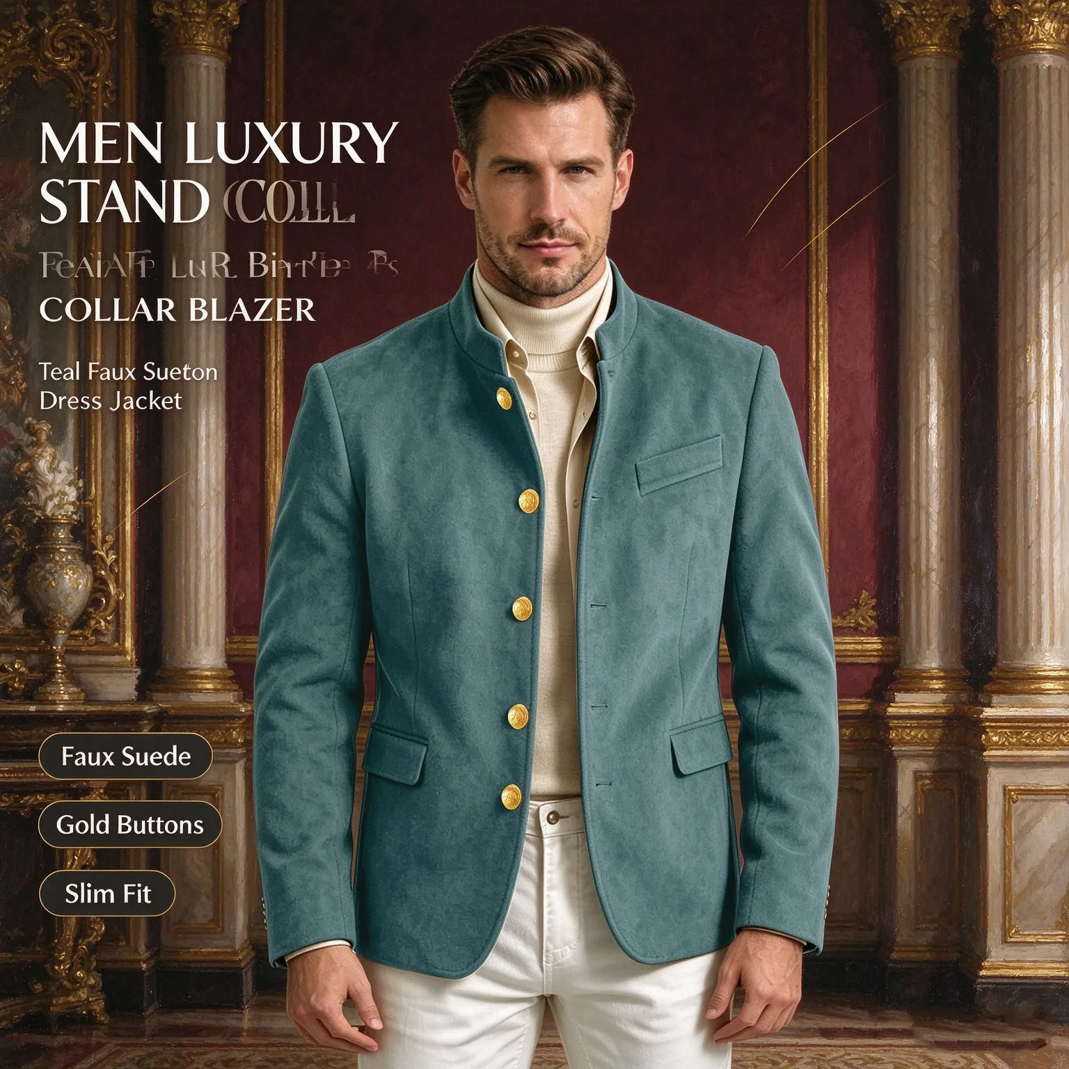 Men's Stand Collar Faux Suede Blazer Gold Button Slim Suit Jacket Autumn Winter Party Wedding Dinner Smart Casual Outerwear