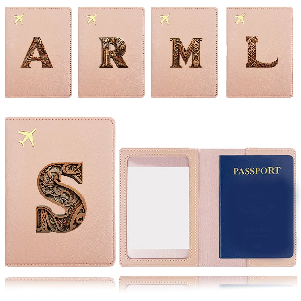 

Pocket Pu Passport Case Airplane Travel Passport Cover Business Passport Clip Bank Card Organizer Cover Wood Art Letter Pattern