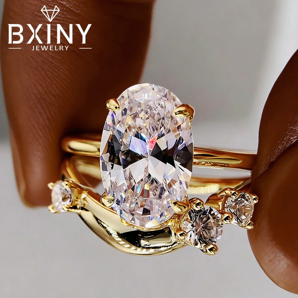 

BXINY Oval Cut All Moissanite Ring Set 100% S925 Silver Plated 18K Gold For Women Stackable Diamond Bands Gifts Fine Jewelry GRA