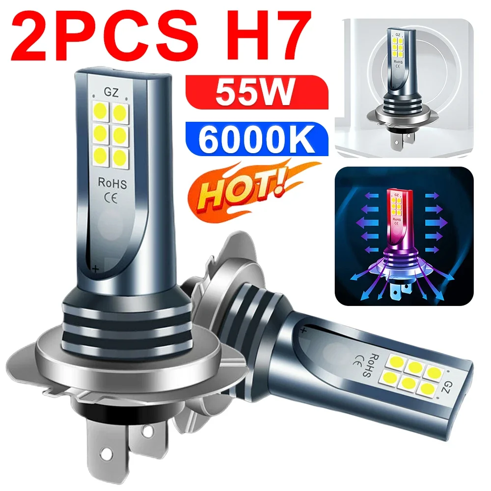 2PCS H7 LED Headlight Bulb Car Fog Light 55W Bulbs Super-Bright 6000K White DRL Headlight Bulbs For Vehicles Auto Accessories