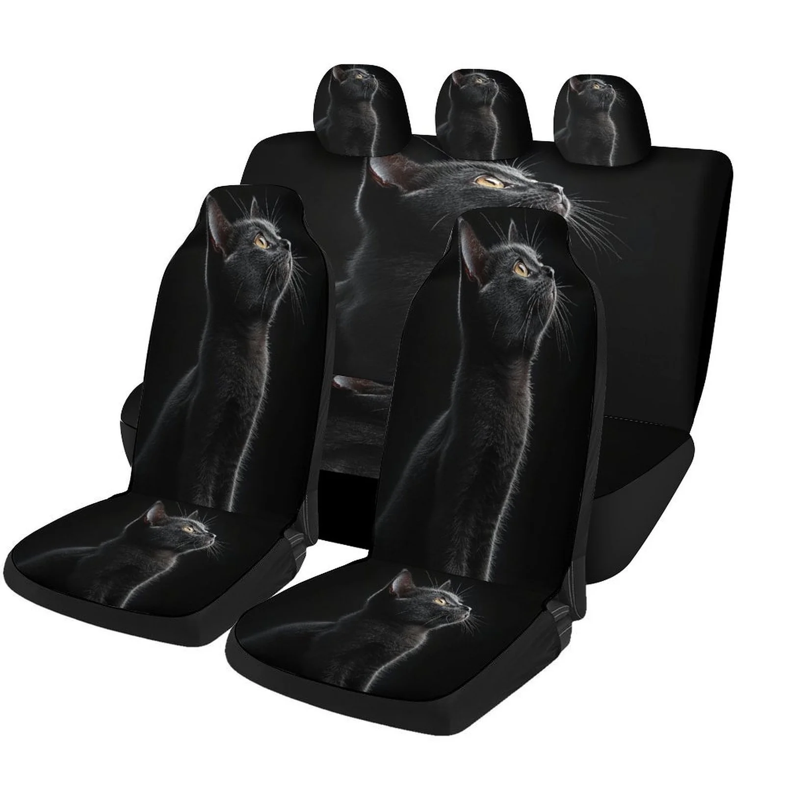 Set Of Car Seat Covers Featuring A Black Cat Design, Suitable For Various Vehicles. Stylish And Durable, This Complete Set Inclu