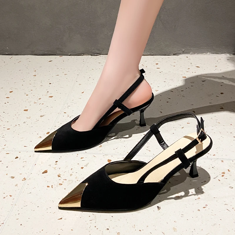 Surkova Silk Metal Pointed Toe Slingbacks Pumps Elegant Women Super High Thin Heels Slip on Stilettos Fashion Show Party Sandals