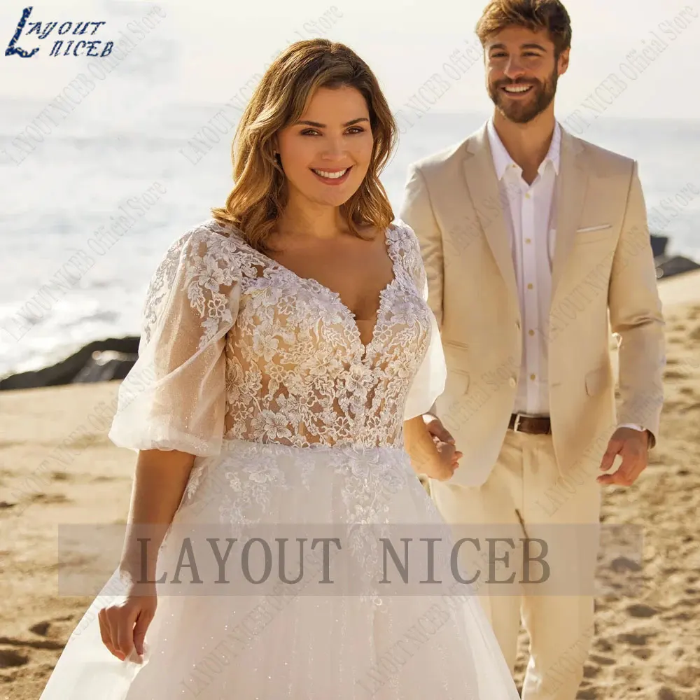 LAYOUT NICEB V-hals Plus size trouwjurk halve pofmouw A-lijn bruidsjurk backless appliques Tulle robe de mariee luxe 2024LAYOUT NICEB V-hals Plus size trouwjurk halve pofmouw A-lijn bruidsjurk backless appliques Tulle