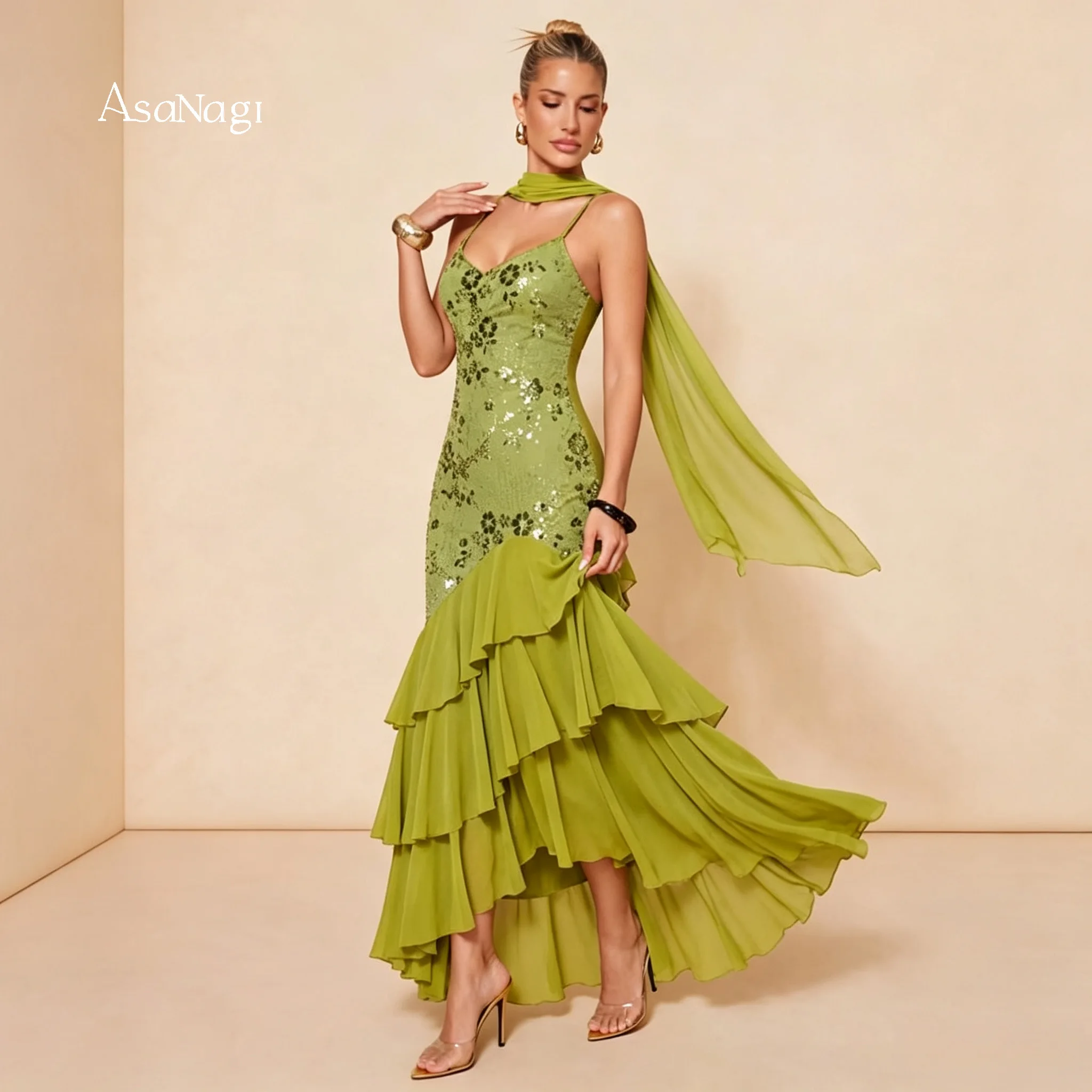 Olive Green Spaghetti Strap Sequin Mermaid Gown Tiered Ruffled High‑Low Hem Women Formal Evening Dress With Scarf