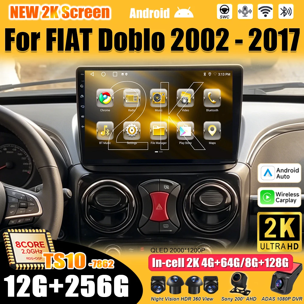 Android 16 for FIAT Doblo 2002 2003 2004 2005-2017 Car Radio 2 Din Multimedia Video Player Carplay Bluetooth Wifi Mirror Link 5G