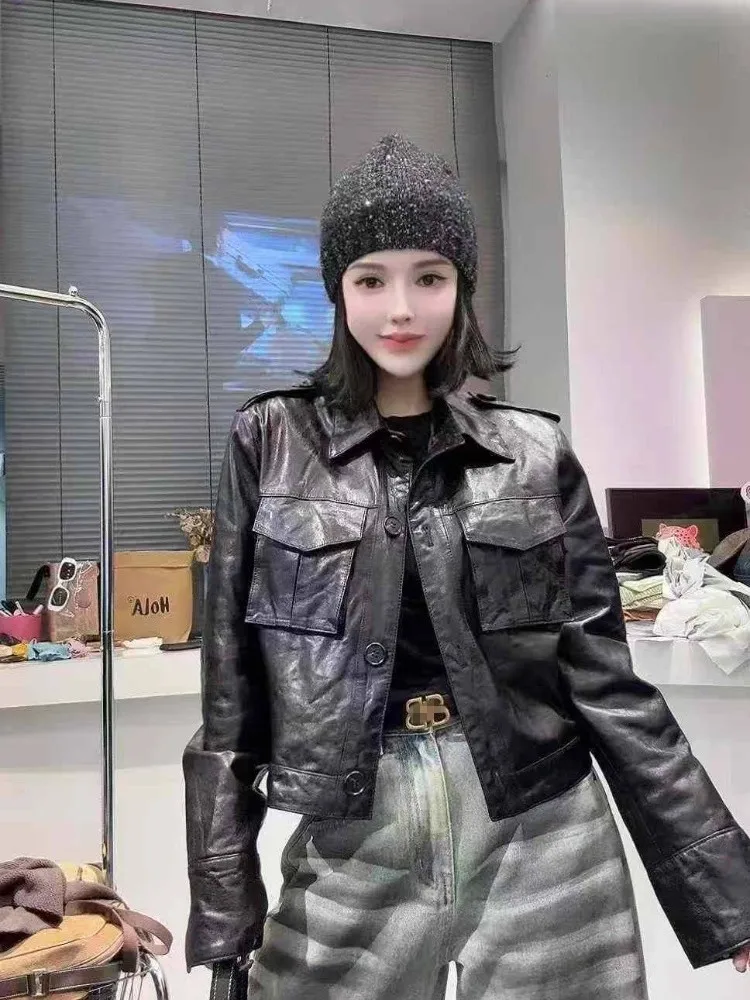 High Street Giacca da donna in vera pelle di vacchetta cerata a olio stile corto monopetto stile punk capispalla cappotti casual da moto