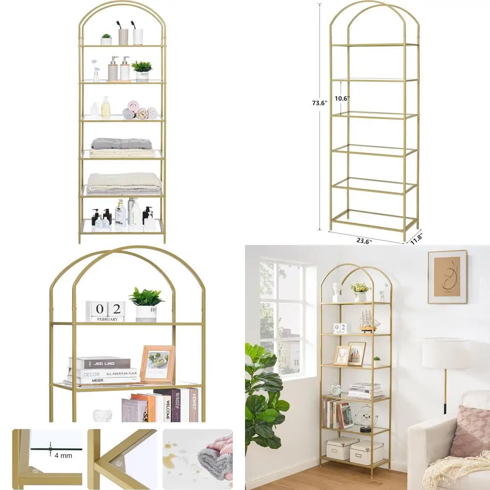 Arched Display Tempered Glass Bookcase, Storage Rack for Home Office, Living Room, Bedroom, Bathroom, Modern Style, 11.8 D x 23.