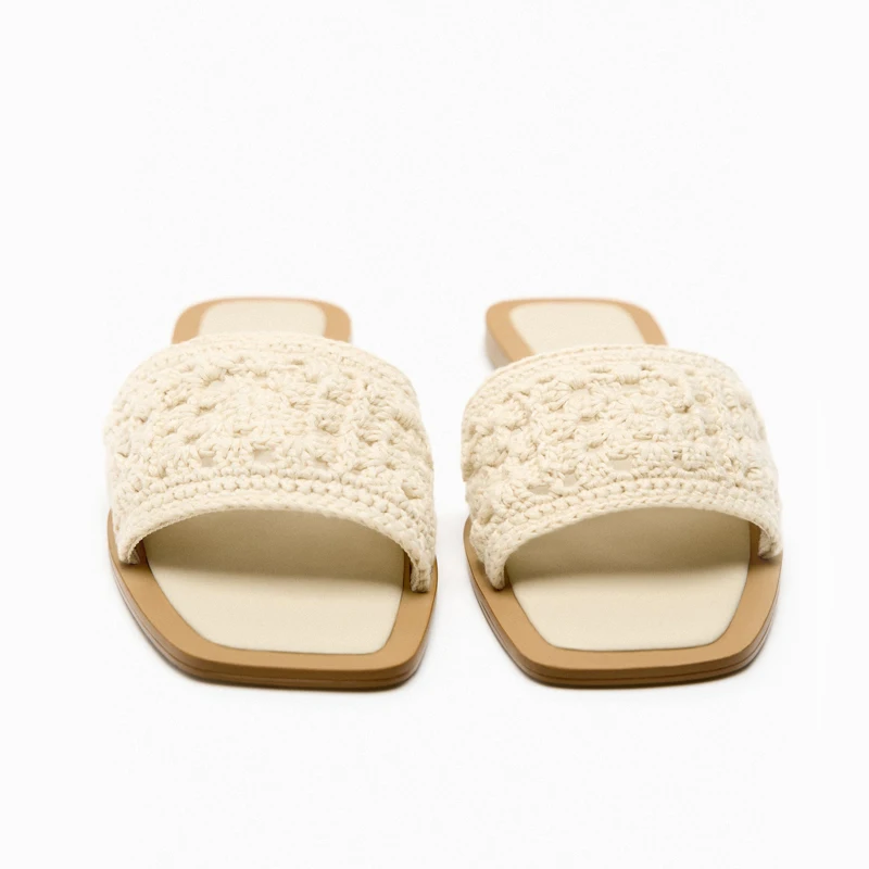 2024 Summer New Women\'s Shoes Hollow Out Handmade Woven White Flat Sandals Casual Style Large Slippers Woman Flip Flops Slides