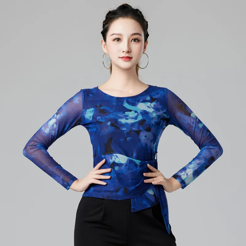 

Latin Dance Top Print Adult Women's Martial Arts Dance Modern National Standard Social Dance Clothing Medium and Long Sleeves