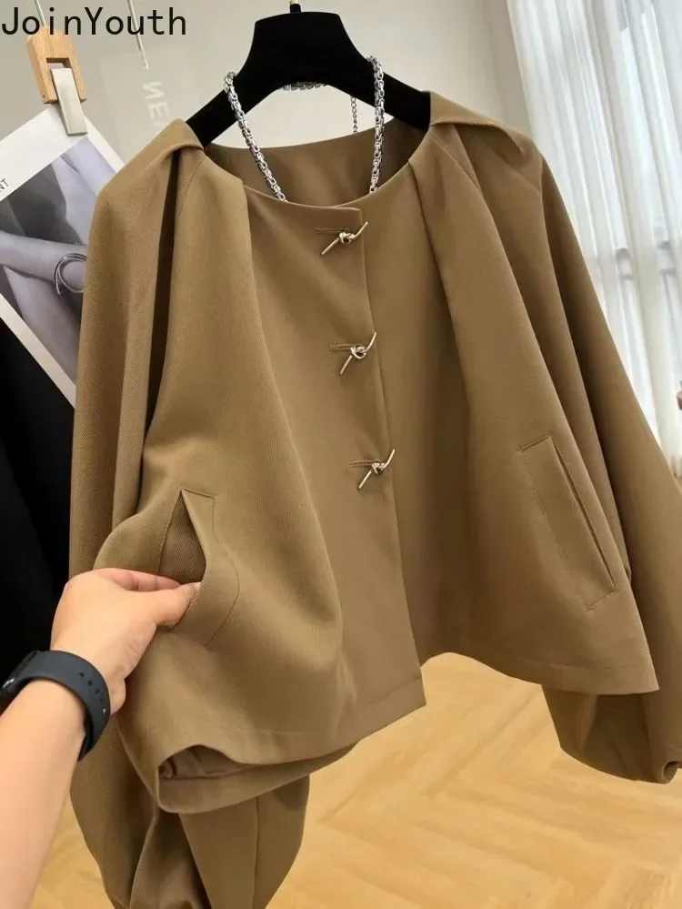 Lantern Sleeve Jackets for Women Loose O-neck Temperament Outwear Crop Tops 2023 Ropa Mujer Fashion Vintage Solid Color Coat