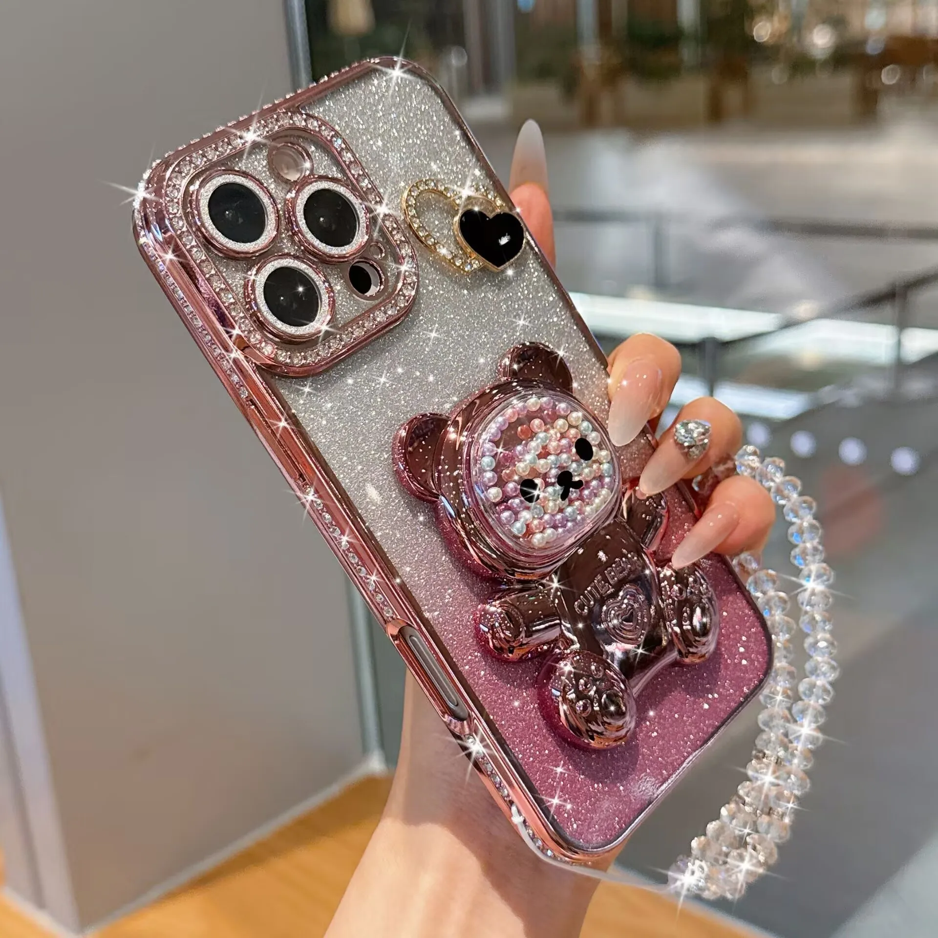 Colorful bead bear stand shiny cardstock electroplated soft case suitable for iPhone17 16 14 15 13 12 11 phone cases bead chain