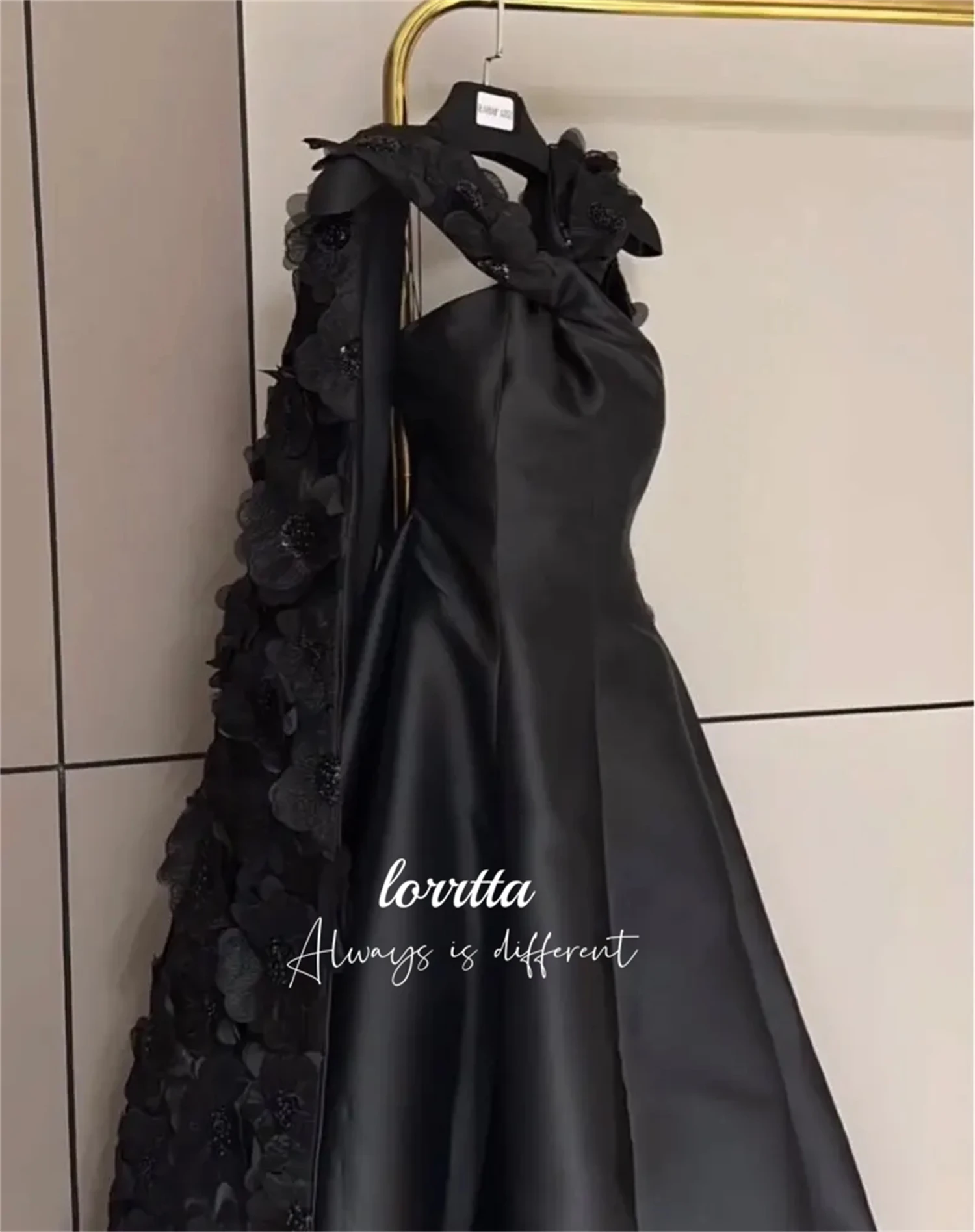 Lorrtta Formal Dress Black Line A Satin 3D dimensional Flower Shawl Luxury Evening Dresses 2024 Ball Gowns Prom Gown Customized