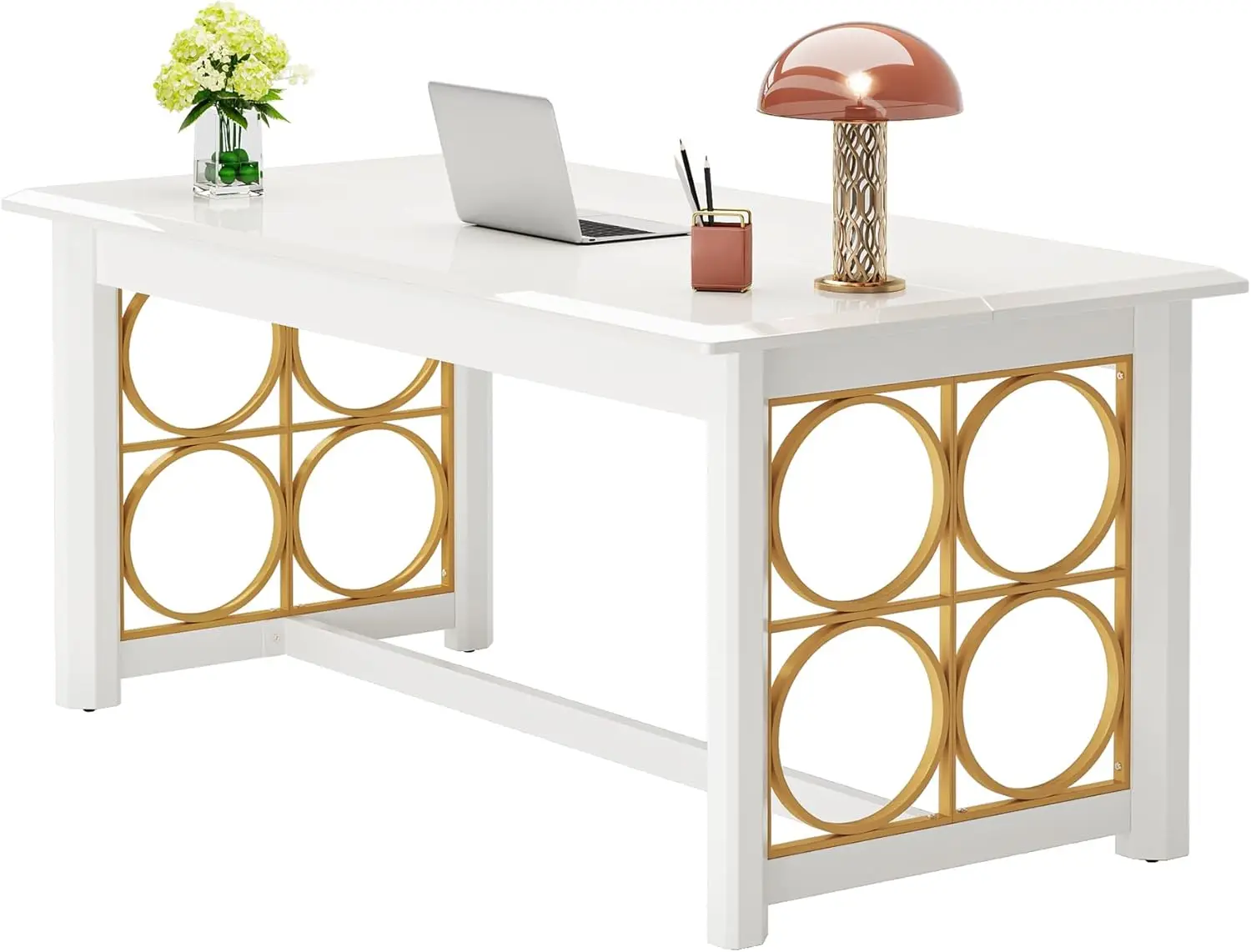 Little Tree 63-Inch White Executive Desk, Modern Office Desk With Stable Gold Metal Legs, Large Office Computer Desk, Home