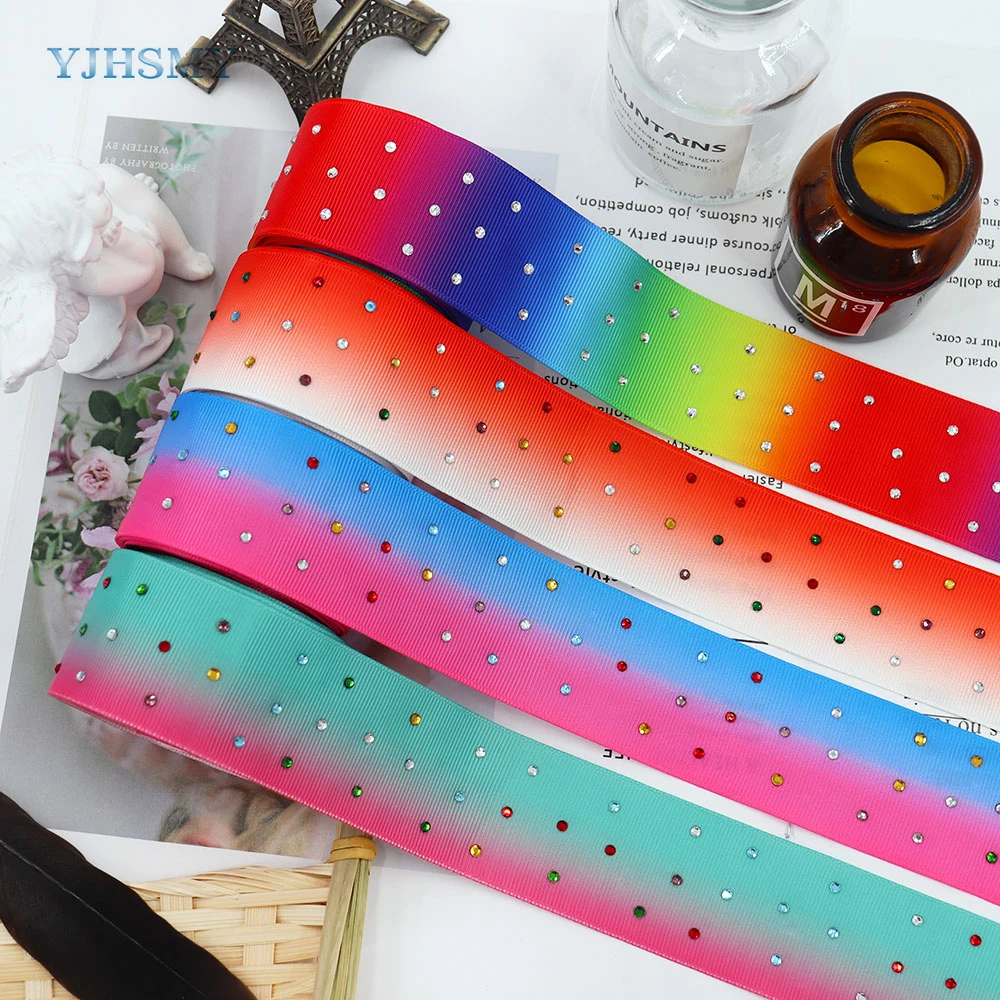 Glitter Stone Grosgrain Ribbons Rhinestones for Gift Wrapping Hair Bow Party Décor Wedding Favor Craft Supplies, Rainbow Color