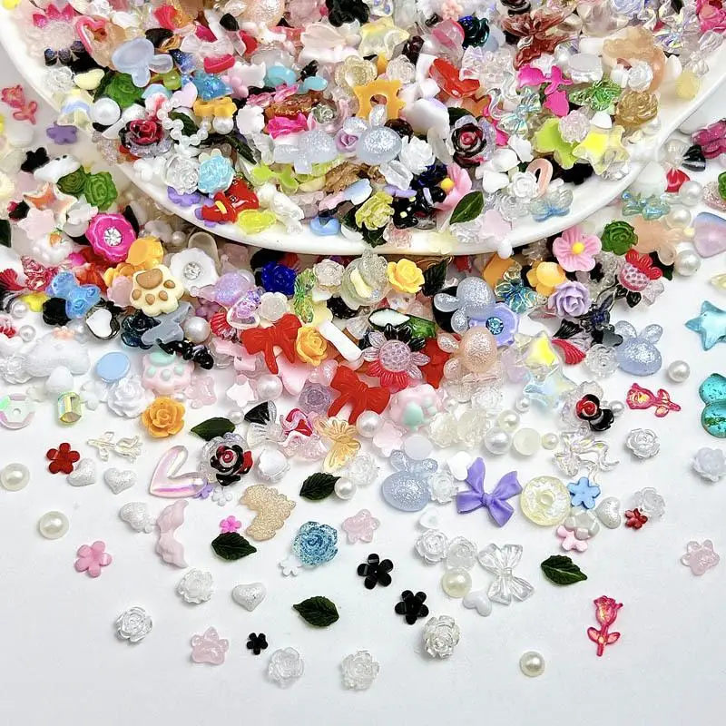 Cartoon Mixed Series Resin  Nail Art Decoration 3D Minimalist Bows Heart Flowers Cute Cat Claws Nail Charms DIY Nail Accessories
