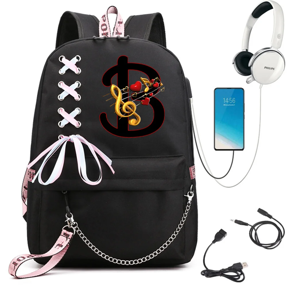 

Sac A Dos School Bag Music Note 26 ALPHABET Teenager Girls Backpack Usb Port Bookbag Bagpack Laptop Backpack Travel Backpack Bag