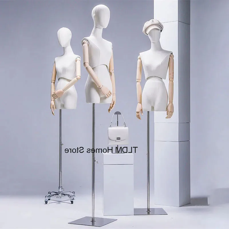 

Wooden Arm Fabric Mannequin Display Stand for Wedding Cloting Dress Bust Mannequin Woman Adjustable Rack Metal Base Mannequin