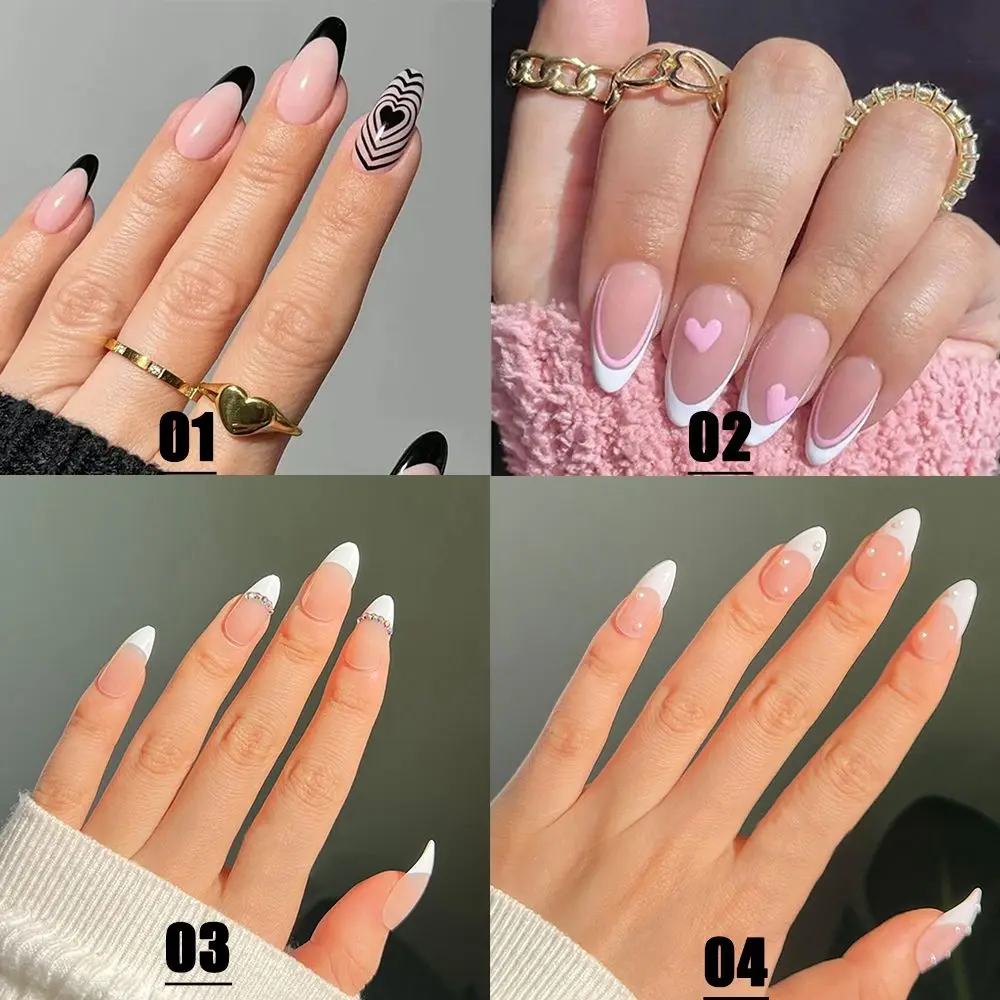 24 pièces/boîte femmes mode outil de manucure artificielle amande faux ongles conseils d'ongles français faux ongles portables
