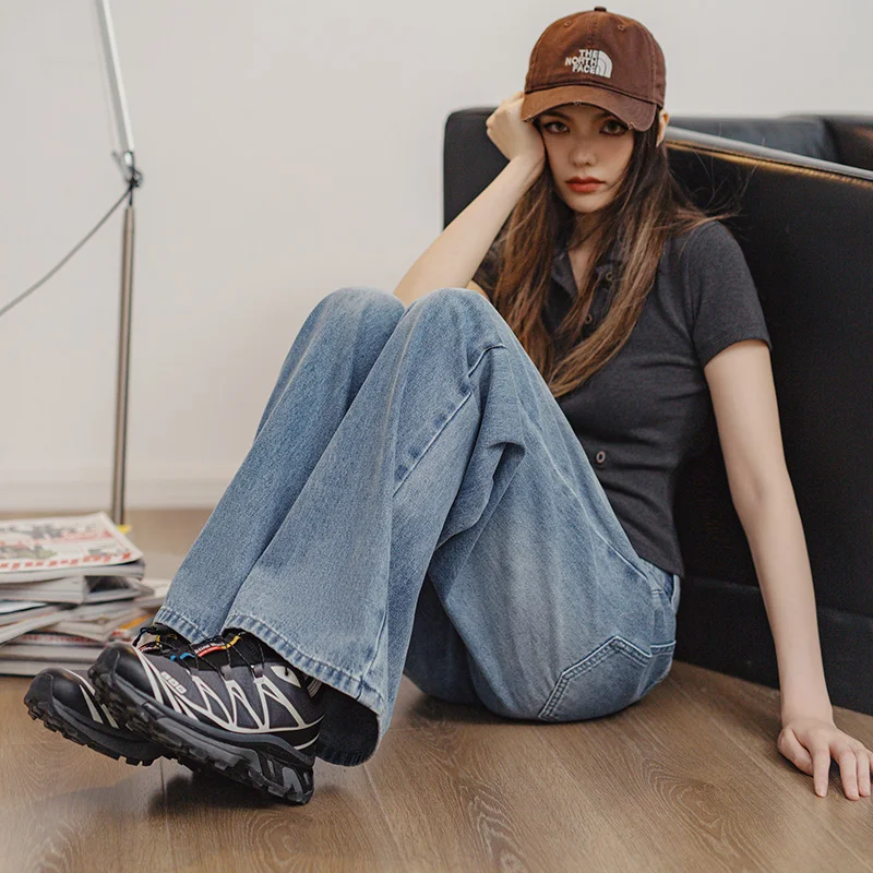 

Женские винтажные потертые светло-голубые широкие джинсы Maden, прямые брюки с поясом на шнурке на осень-зиму, повседневные свободные брюки