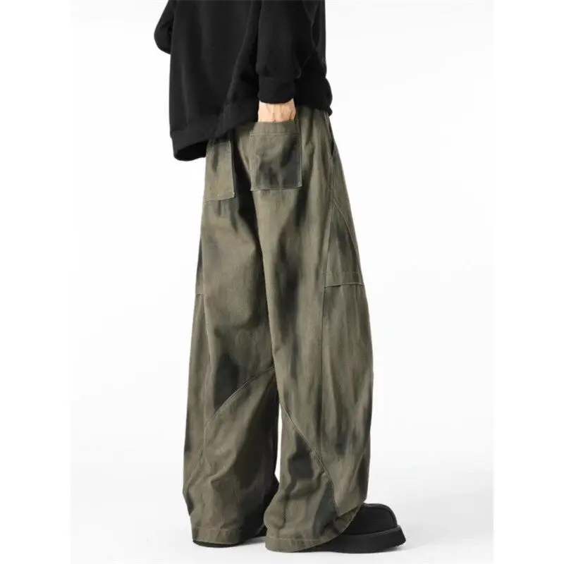 Men\'s Distressed Tie-dye Denim Pants Male Casual Fashion Straight Loose Wide Leg Trousers Jeans Vintage Hip Hop Mopping Pants