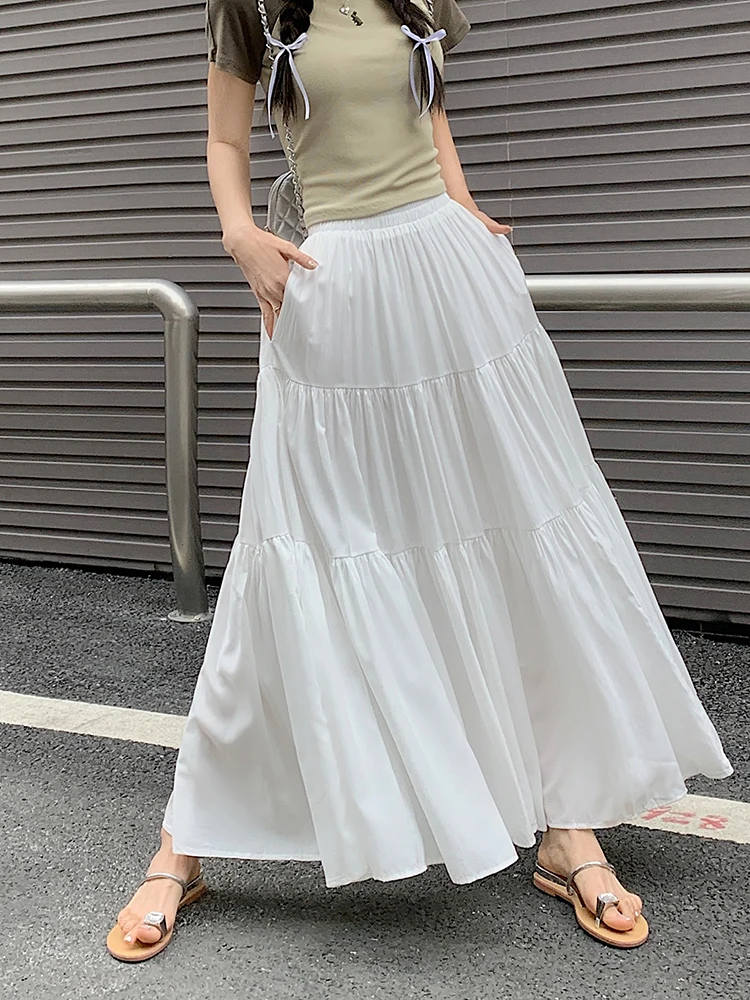 2024 Nieuwe Stijlvolle Pocket Geplooide Rokken A-Line Vrouwen Elastische Hoge Taille Lange Rok Maxi Koreaanse Mode Elegante Casual Losse Rok