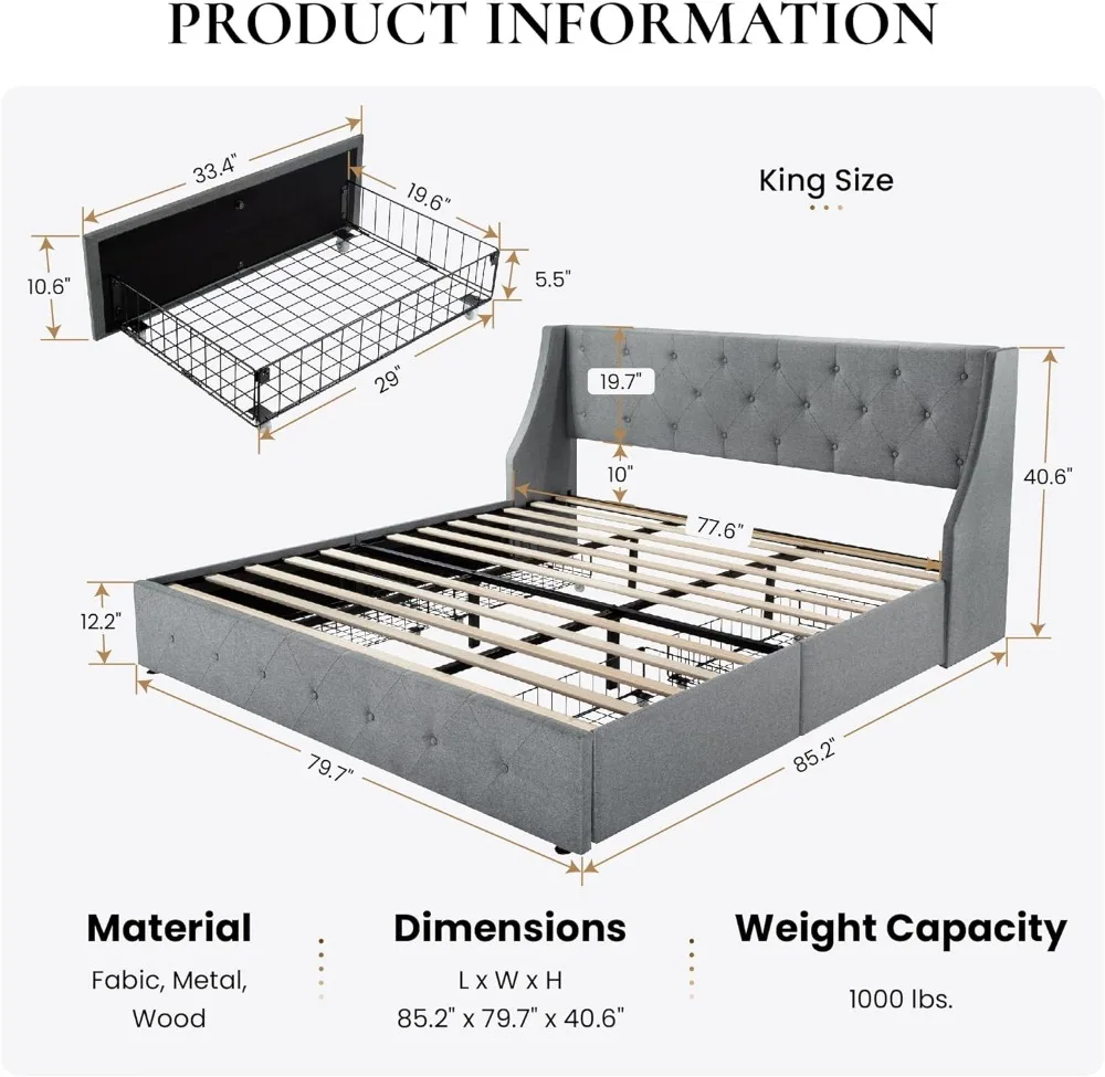 SHA CERLIN King Size Platform Bed Frame with 4 Storage Drawers and Wingback Headboard, Diamond Stitched Button Tufted Design