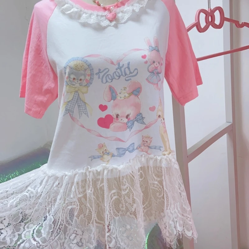 2025 Estate Nuovo Modello Del Fumetto Puro Cotone Girocollo T-Shirt da Donna Design Originale Lace Splicing Mezze Gonne Set Signore