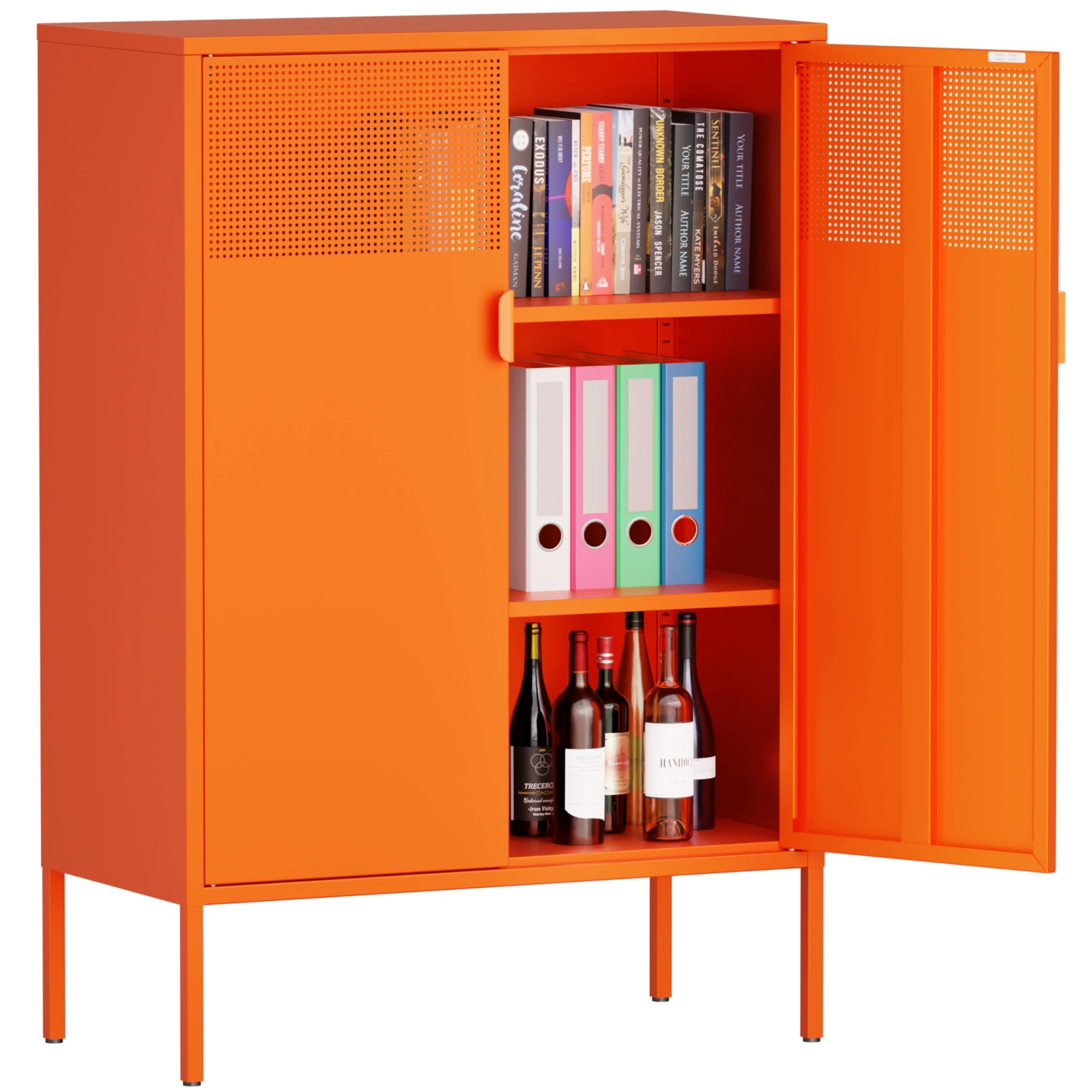 Orange 3 Tier Metal Storage Cabinet with Legs, 2 Door Metal Locker for Home, Office, Entryway and Hallway