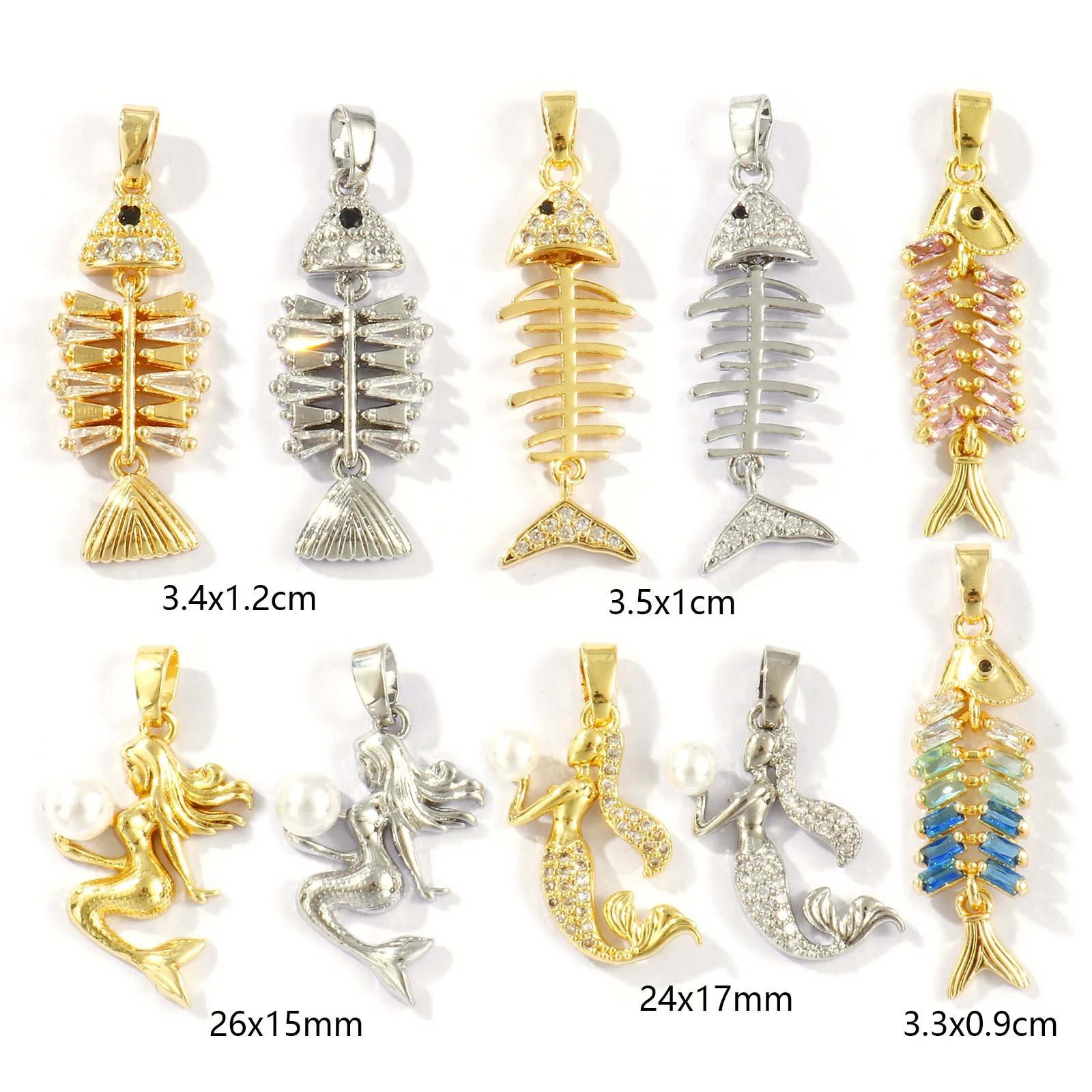 2pcs Brass Charms Gold Color Mermaid Fish Bone Micro Pave Black Rhinestone Pendants For Women DIY Necklace Jewelry Findings Gift
