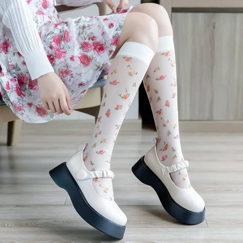 Floral Print Women Tights Sweet Flowers White Pantyhose Cosplay Lolita Basic Bottomed Stockings Janpanese Style Woman Tights
