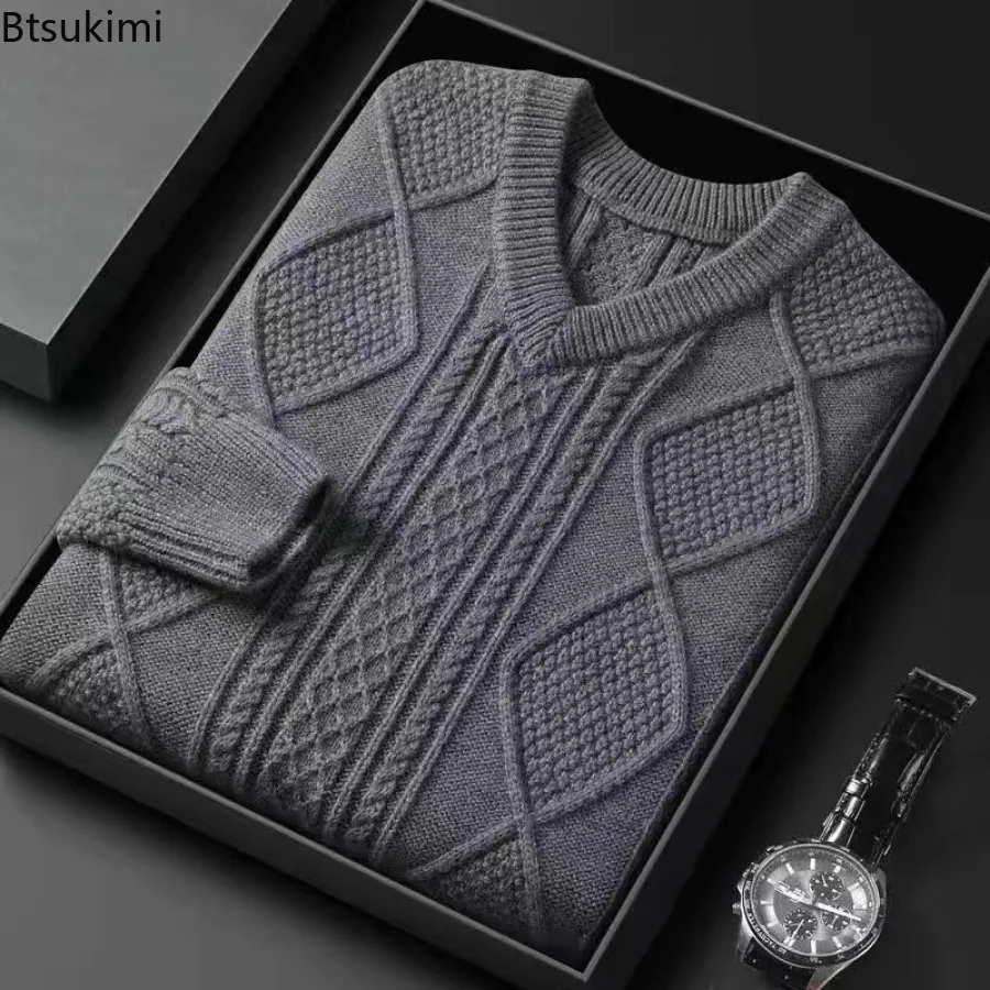 High-grade Woolen Knitted Sweater Men\'s Solid V Neck Thick Pullover Business Casual Cashmere Sweater for Men Autumn Warm Jumpers