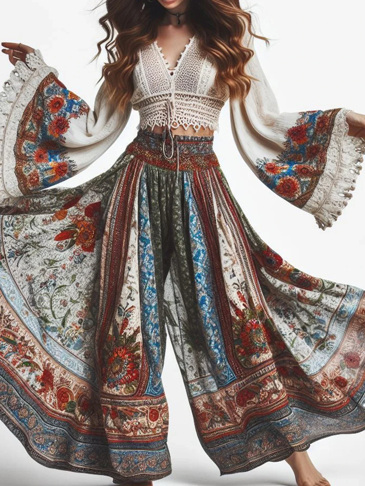 Women's Elegant Bohemian Retro Floral Print High Waist Wide Leg Pants Elastic Comfort Classic Trousers Loose Casual Resort Wear