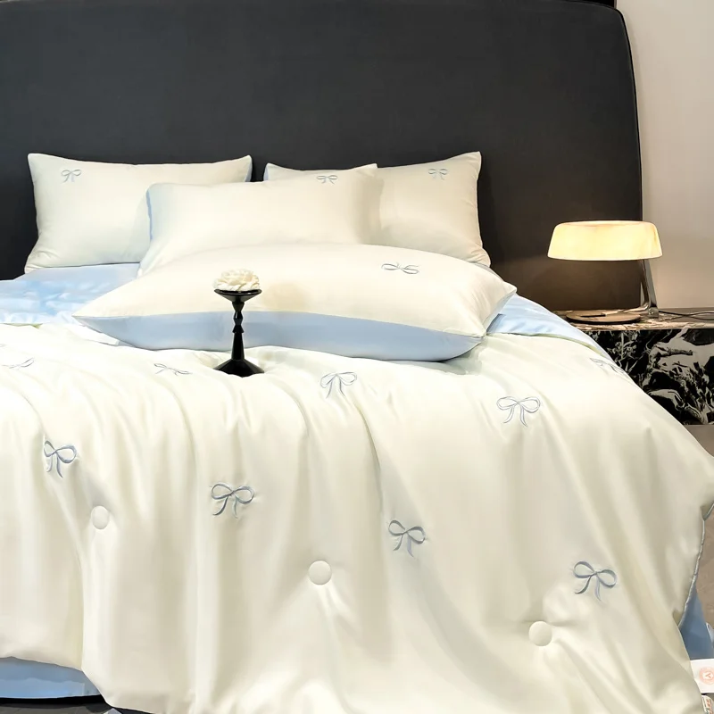 

4pcs Household Solid Color Ice Silk Summer Cool Quilt Bed Four-Piece New Summer Quilt Sheet Four-Piece Set