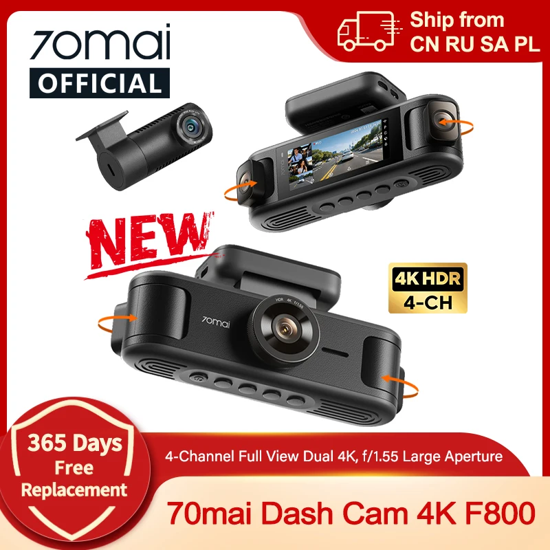 【New】70mai Dash Cam 4K F800 4-CH 4K+4K+1080P+1080P f1.55 Supercapacitor GPS ADAS Wifi 6 Voice Control Car Recorder 70mai F800