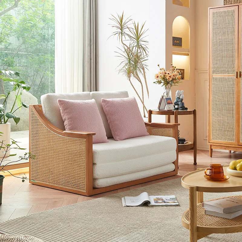 

Japanese-style solid wood sofa bed wabi-**** family living room tatami sofa double folding dual-purpose rattan sofa