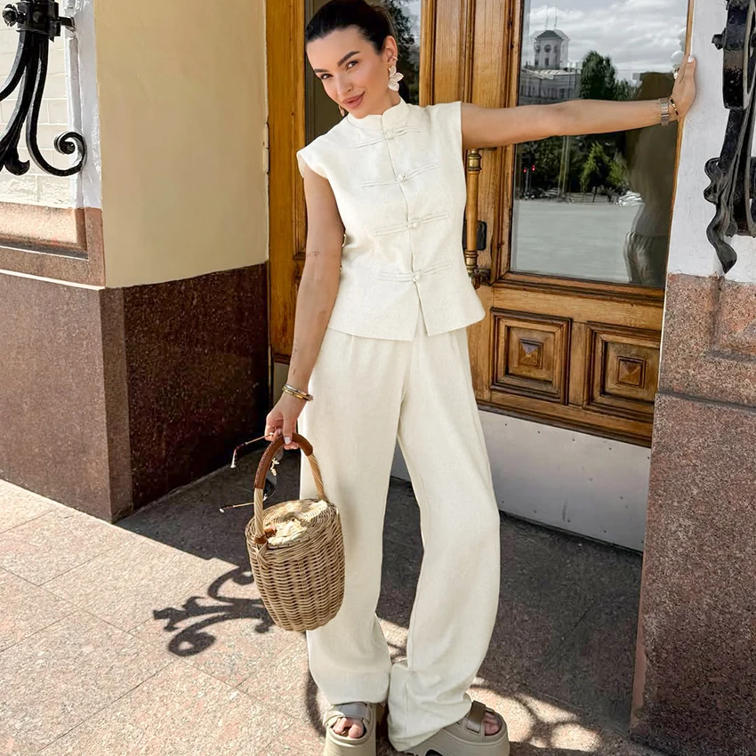 Khaki Cotton Linen High Waist Pants and Vest Set