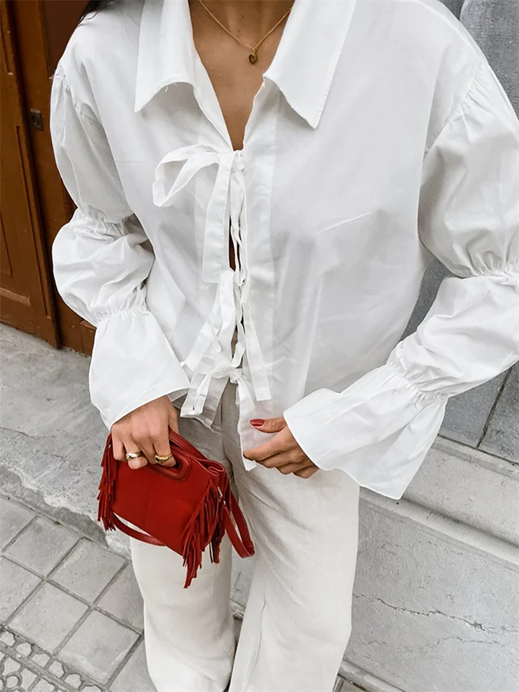 

CHRONSTYLE Spring Fall Long Flare Sleeve Shirts Tops for Women Turn-down Collar Front Tie-up Solid Office Lady Blouses Clubwear