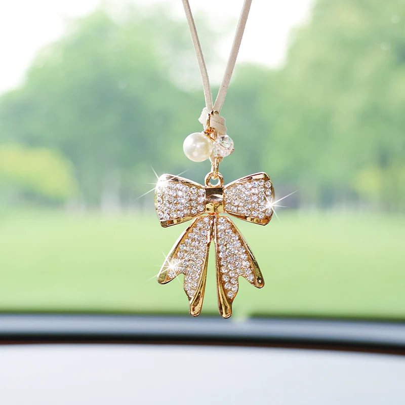 Fashion Diamond-Encrusted Bowtie Car Rearview Mirror Pendant Creative Bow Tie Car Accessory Pendant Decoration