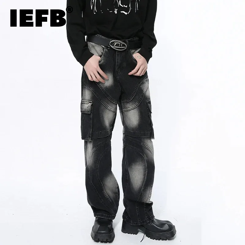 

IEFB Personalized Men's Jeans Tie-dyed Contrast Color Patchwork Large Pocket Male Denim Straight Pants High Street Trend 9C4949