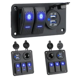 2/3 Gang Digital Voltmeter Dual USB Port Outlet Combination 12~24V Circuit Control Waterproof Boat Car Switch Panel Blue LED