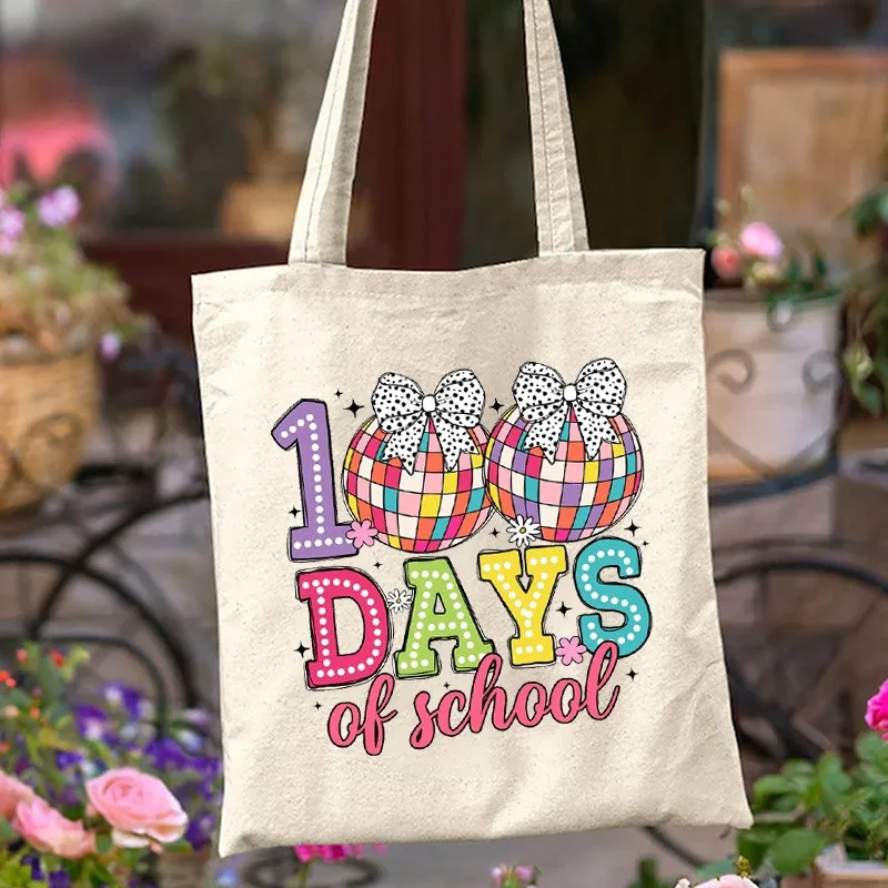 100 Days Of School Disco Ball Polka Dot Bow Colorful Print Canvas Tote Bag Student Teacher Celebration Gift Tote Bag