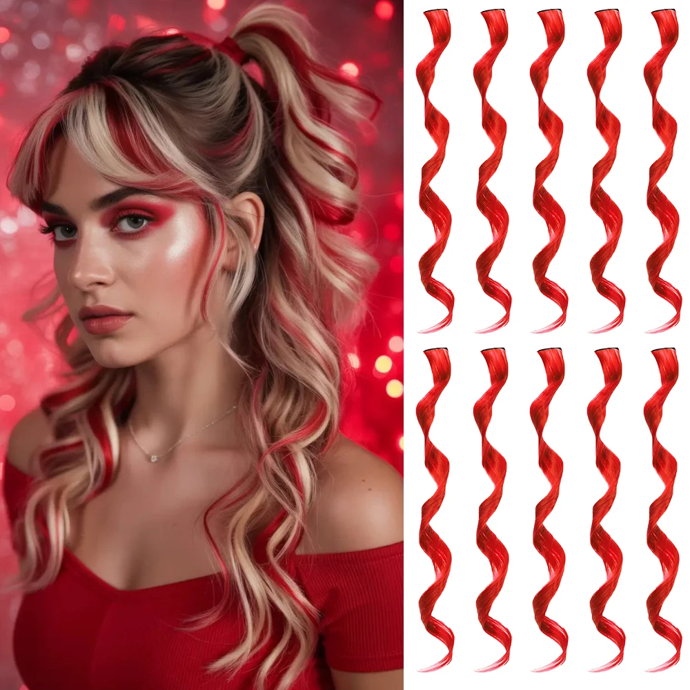 10Pcs Colored  Synthetic Curly Wavy Clip in Hair Extensions ,For Women Streak Hairpieces  Party Highlights Halloween & Christmas