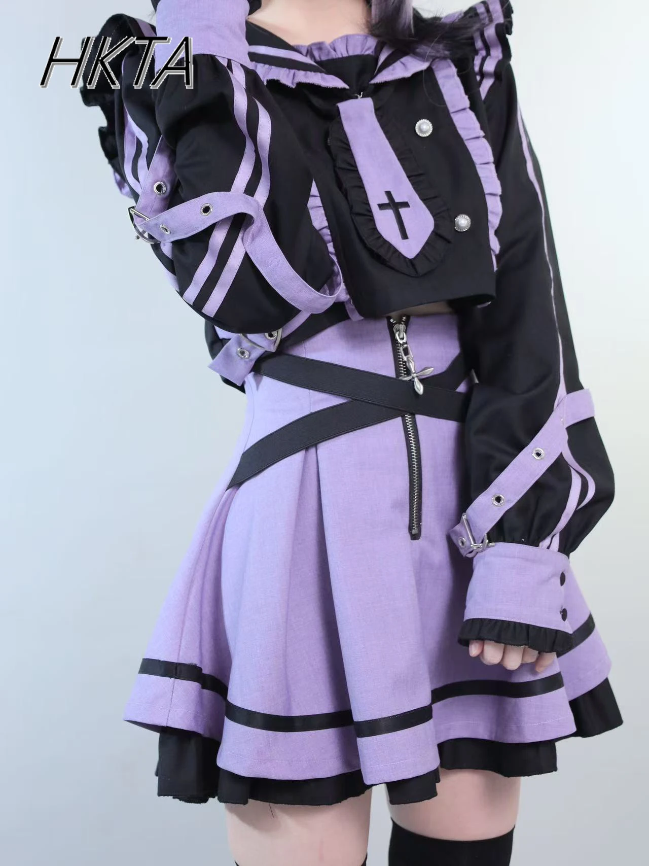 

Милая крутая черная фиолетовая юбка, комплекты из двух предметов, женское двухмерное кукольное воротник, короткое пальто, летняя новая плиссированная мини-юбка, женская