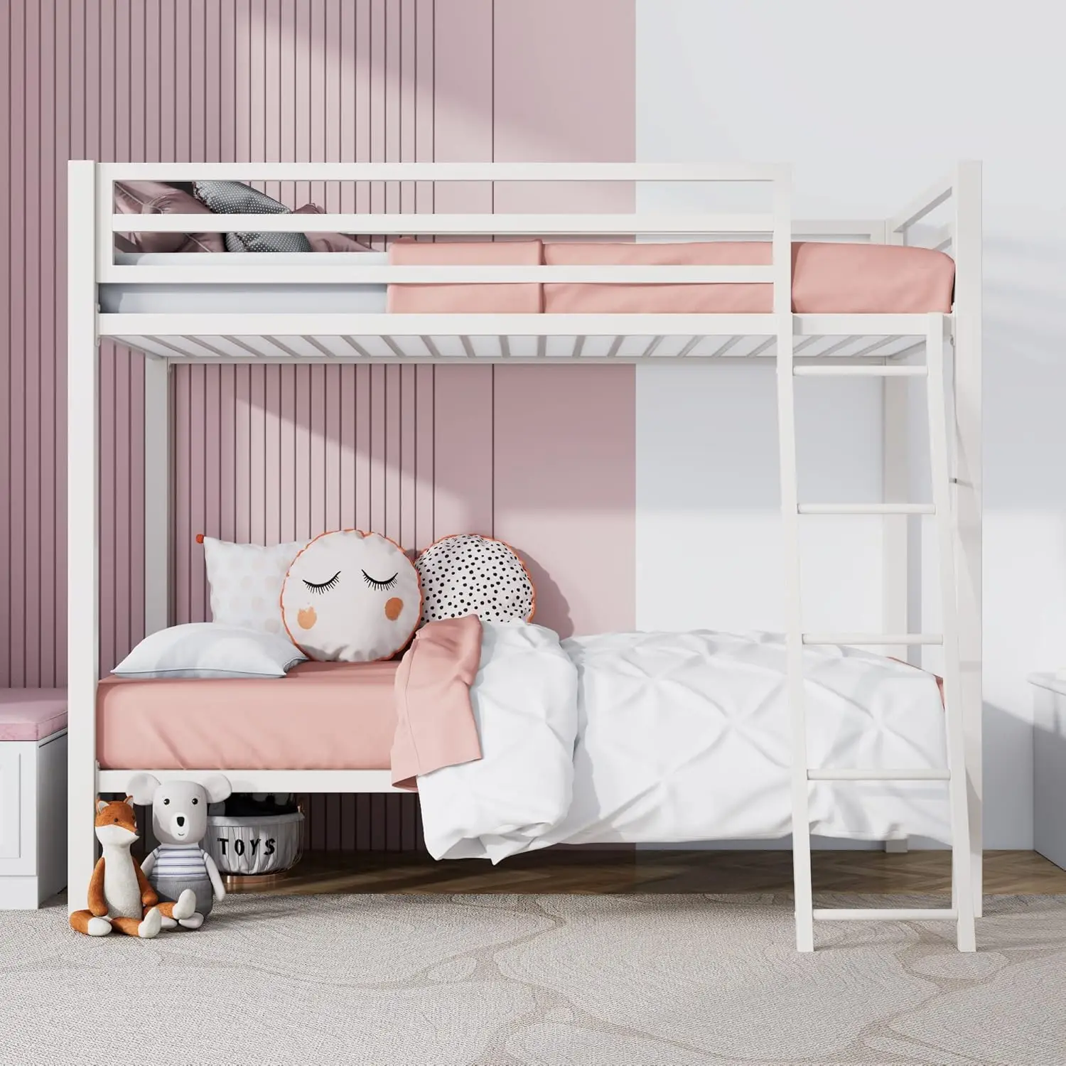 CERLIN Twin Over Twin Metal Bunk Bed for Juniors, Industrial Twin Bunk Beds Frame with Inclined Stairs & Full-Length Guardra