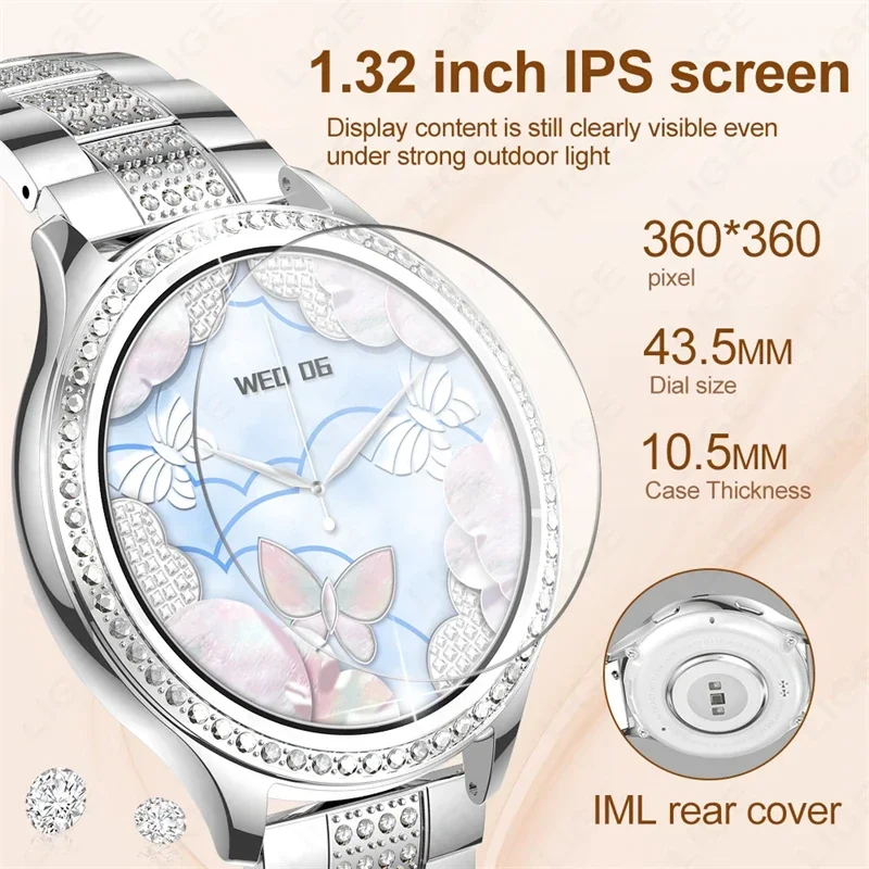 LIGE 1.32-inch Top Luxury Smart Watch Women Bluetooth Call Blood Pressure Heart rate Sleep Health Monitor Smartwatch Ladies Gift