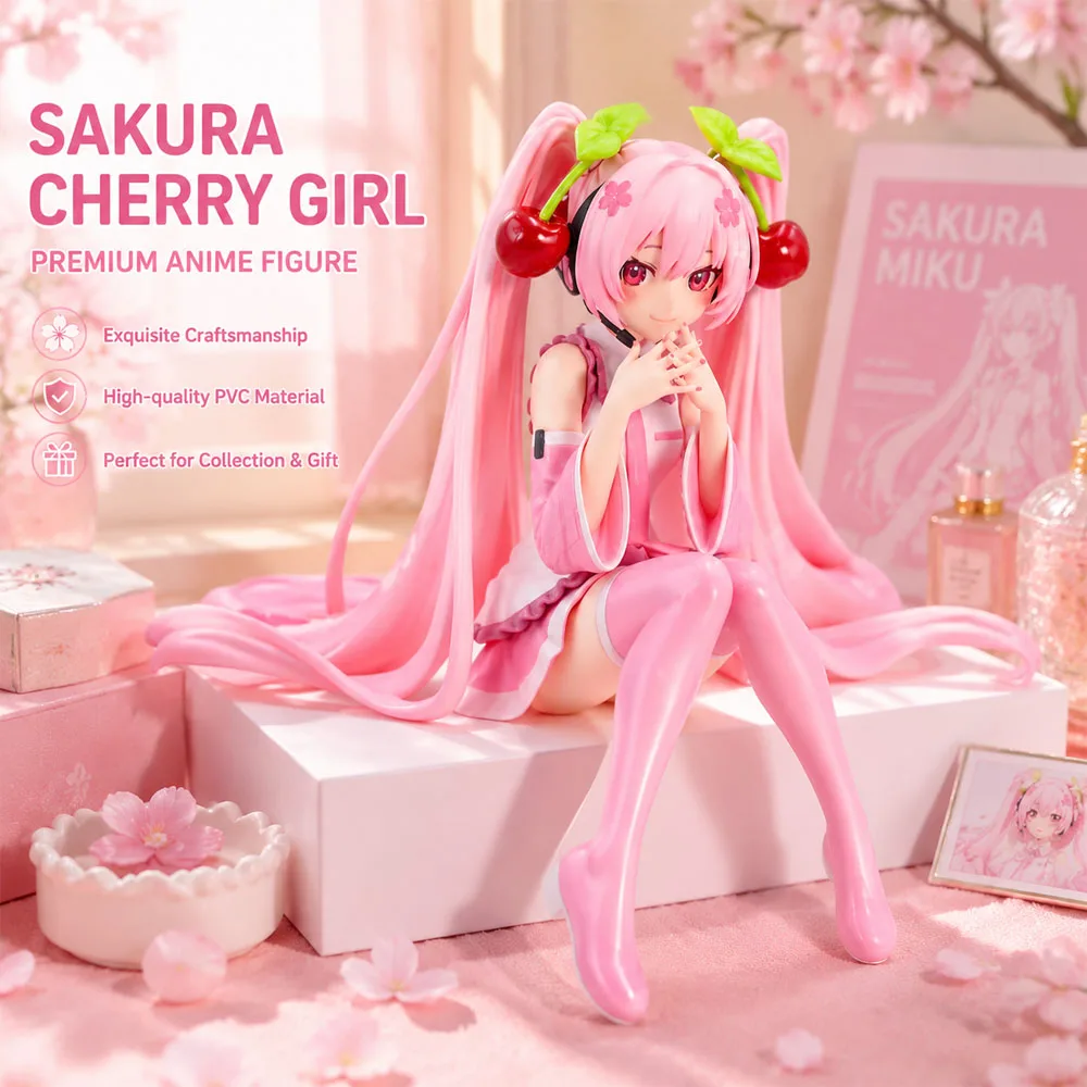 Hatsune Miku Anime Character Sitting Pink Dress PVC Dynamic Doll Model Toy Cherry Flower Decoration Handmade Collection Gift
