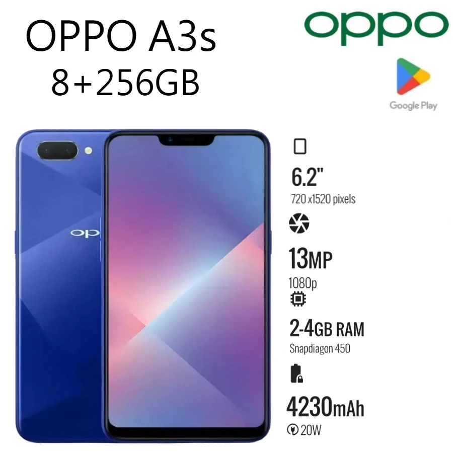 2026 New OPPO A3s Budget Smartphone 6.2 Wide Screen 4230mAh Big Battery Expandable Storage Spare Cell Phone curved glass screen
