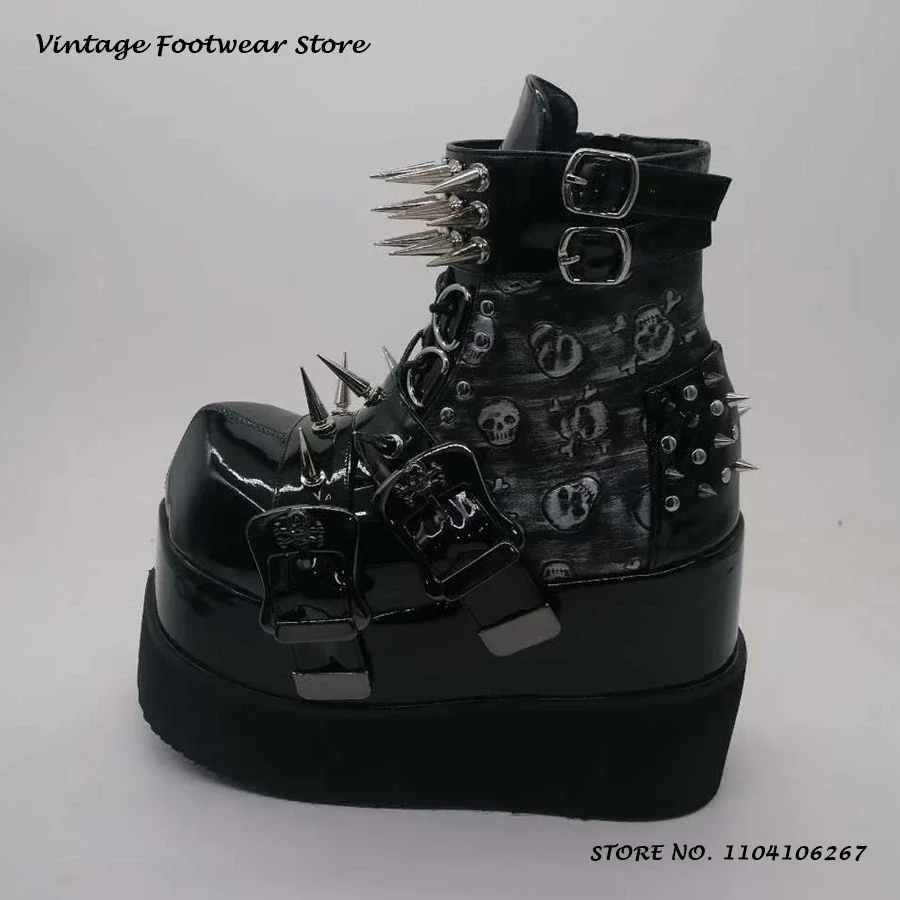 Skull Print Spike Platform Ankle Boots Round Toe Thick Sole Height Increasing Shoes Women's Spring Autumn Punk Style Booties
